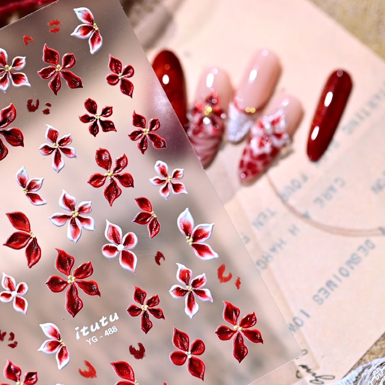 Red Blue Gradient 5-petal Floral Nail Stickers