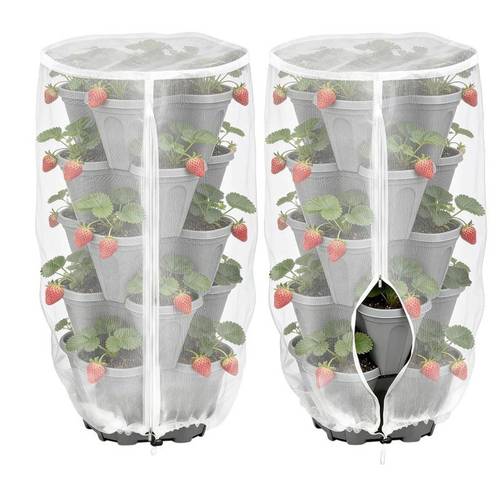 vertical strawberry planting box with zippered protective net cover compatible for 5 tier outdoor stackable flower pots netting suitable for raised bed systems pest barrier for strawberries small fruit gardens