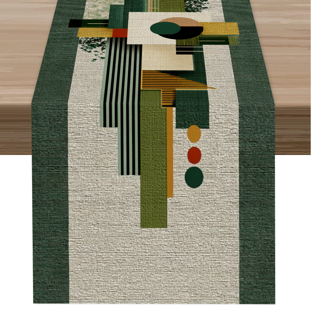 TEMU 1pc Geometric Green And Golden Pattern Printed Table Runner, Modern Abstract Table Runner, Elegant Winter Table Runner, Artistic Space Style,