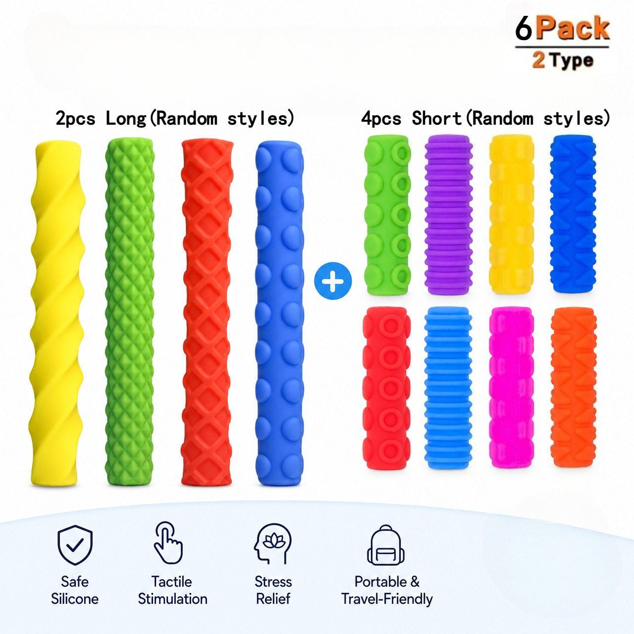 TEMU Lot de 6 préhenseurs de crayon sensoriels (2 + 4 courts) styles aléatoires, outils apaisants texturés -stress pour TDAH et autisme, aide à