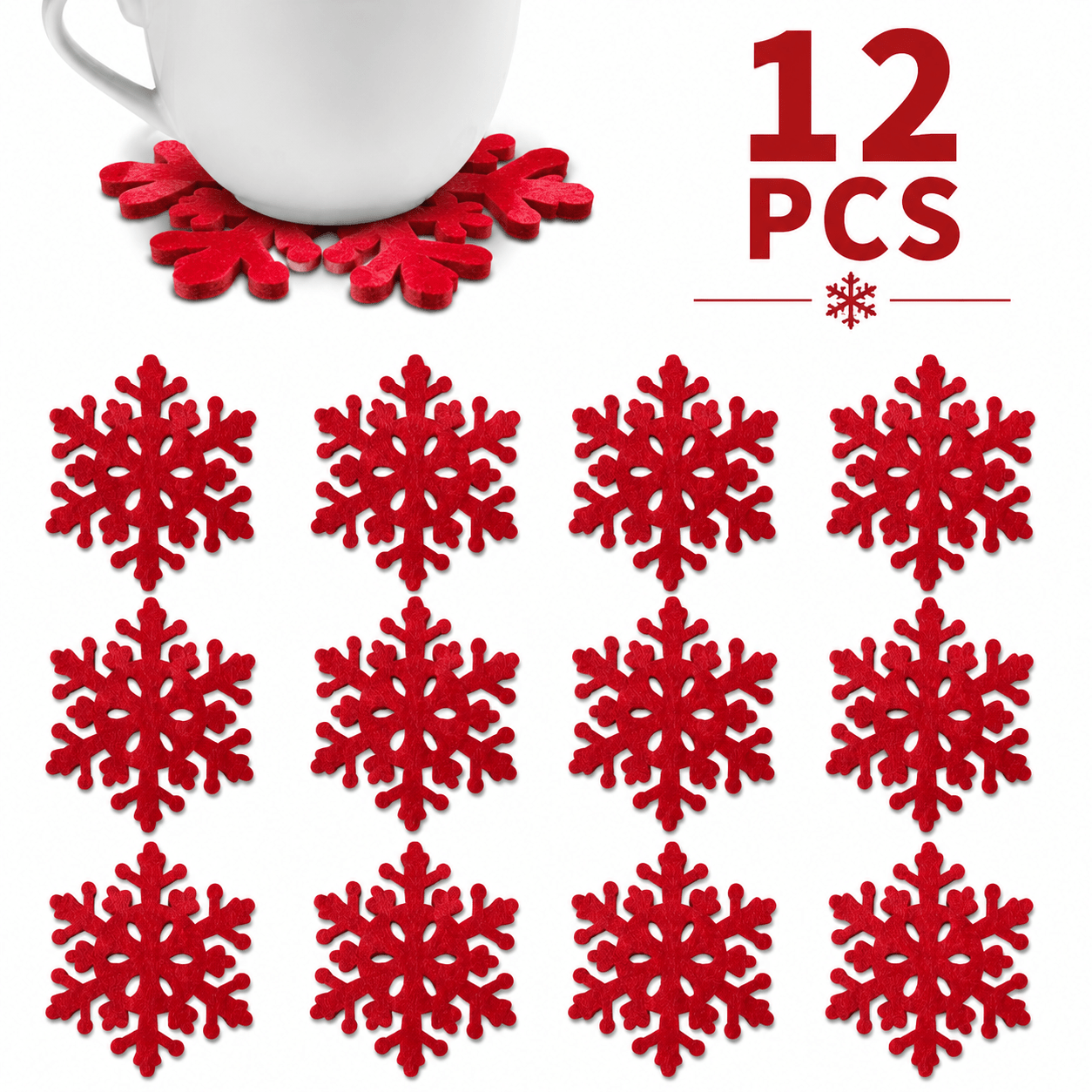 TEMU 12pcs Christmas Red Snowflake Felt Coasters, Hollow Snowflake Cup Pads, Festive Table Decoration Coasters, Christmas Decor, Christmas Tableware