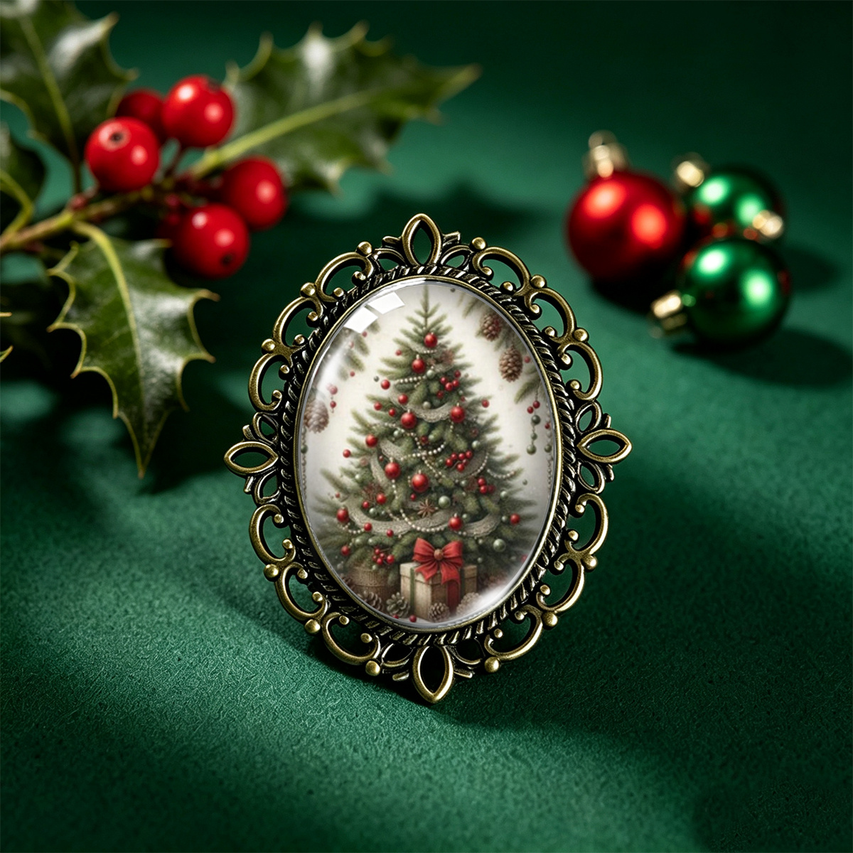 TEMU 1pc Broche en verre avec dentelle ovale en bronze vintage, motif arbre de Noël décoré de boules lumineuses colorées, pommes de pin, et boîtes