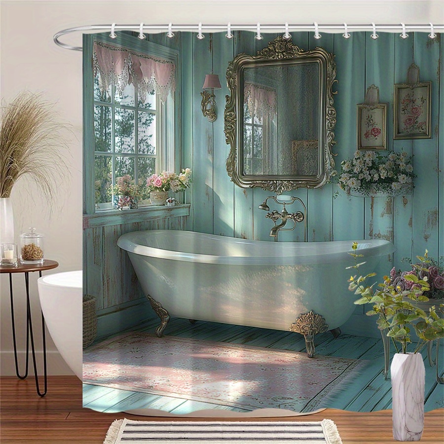TEMU 1 rideau de douche de salle de bain de style vintage avec mur bleu délabré, baignoire à pattes et rideaux en dentelle - Décoration nostalgique