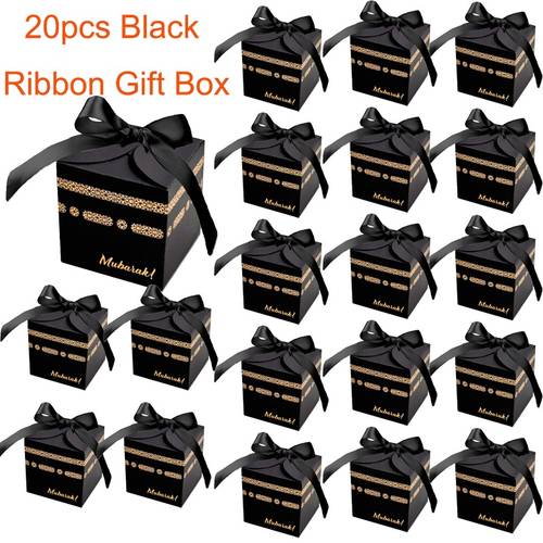 20pcs ramadan kaaba shaped gift packaging box black paper gift box with decoration middle eastern style pattern mubarak design and strap for hajj ramadan and eid al celebrations relatives give gifts to