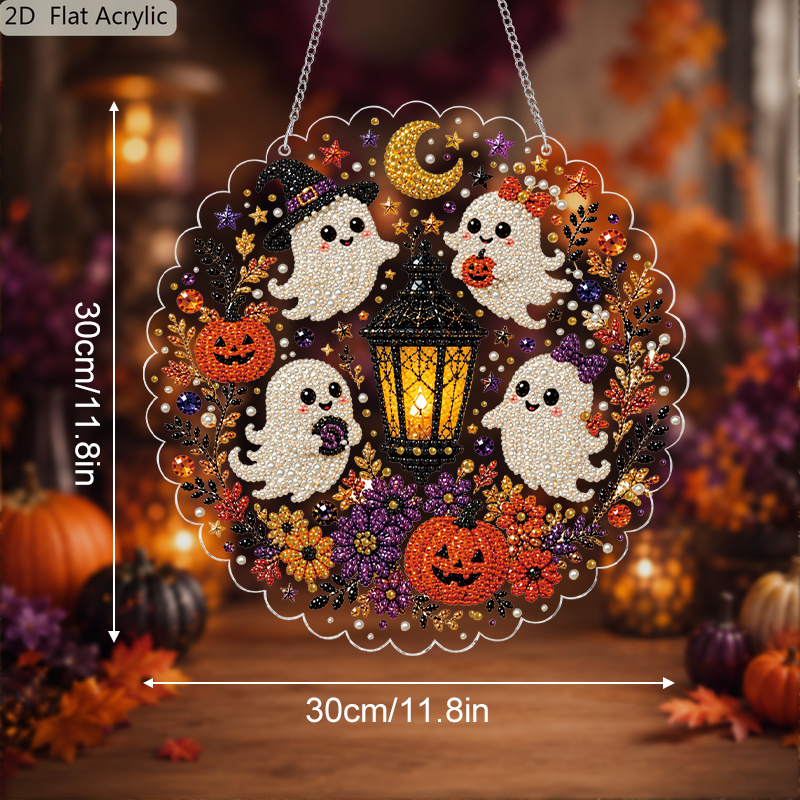 TEMU 2d Flat, 1pc 30cm Halloween Gift 3d Pearl Diamond Painting Sun Catcher Kit, Acrylic Hanging Ornament, Pumpkin Pattern Diamond Painting Pendant,