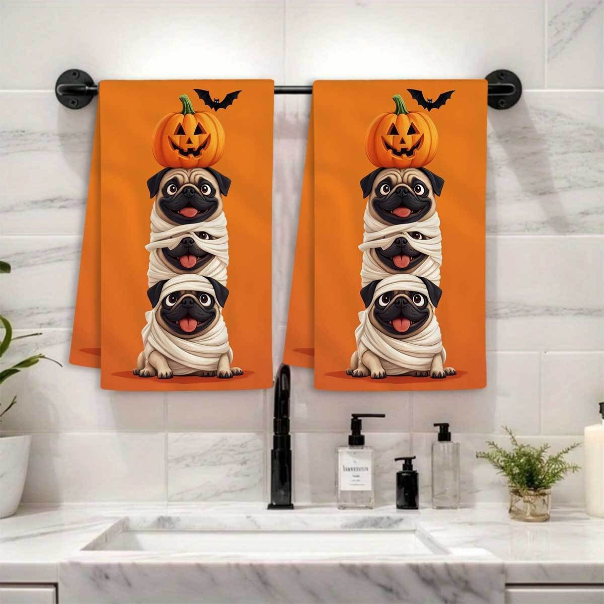 TEMU 2pcs Halloween Pug Pattern Kitchen Towels, Soft Absorbent Dish Cloths For Holiday Cooking And Farmhouse Bathroom Decor
