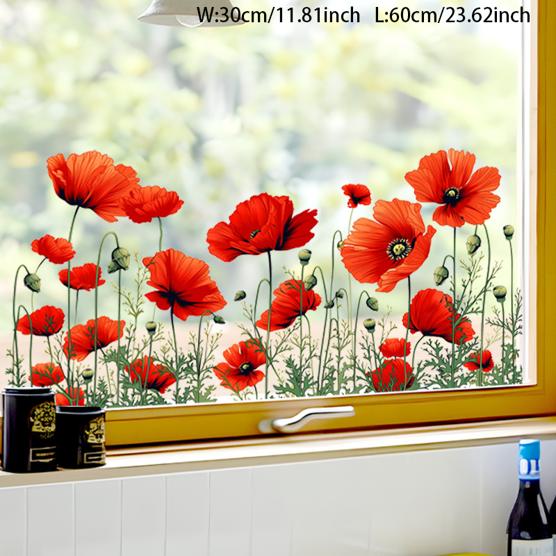 2d Flat, 2d Poppy Flowers Pattern Static Sticker, Artistic Decor Decal For Living Room, Bedroom & Shop Glass Decoration, 2d Flat