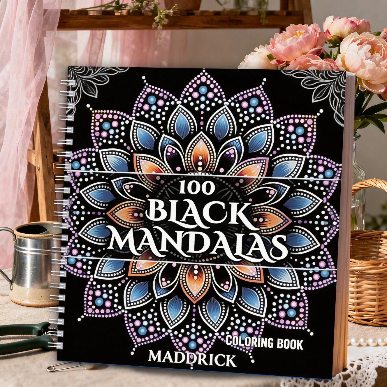 TEMU Livre de coloriage pour adultes, 24 pages, 20*20 cm, motif mandala coloré sur fond noir, convient pour , , cadeau de Noël et d'Halloween