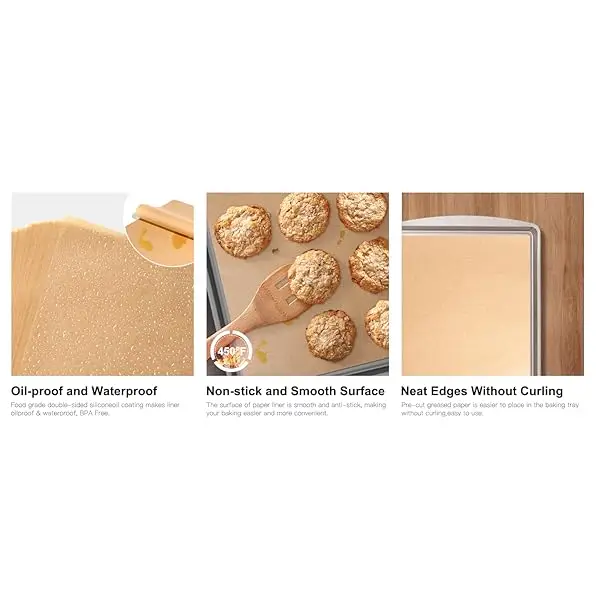 300 count precut baking sheets - heavy-duty parchment paper liners, , oven, air fryer, grill, steamer safe - pre-cut to size for - ideal for , cupcakes, pizza, pastries, bread - kitchen & restaurant use - compatible with & , oven safe liner, versatile liner, material, cooking liner, professional chefs Product details 2