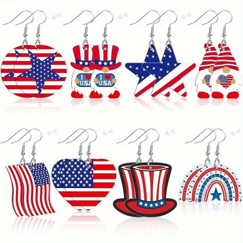 TEMU 8 Pairs Of Patriotic American Flag Earrings For Women - July 4th Memorial Day Gift, Featuring , Tattoos, Hats, And Top Hat Designs