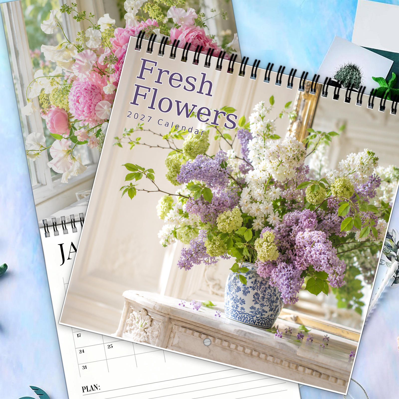 TEMU 1pc 2027 Wall Calendar With Monthly Pages, Elegant Arrangement Photography, Blue Picture, Twin-wire Hanging Design For Room Decor, Thoughtful
