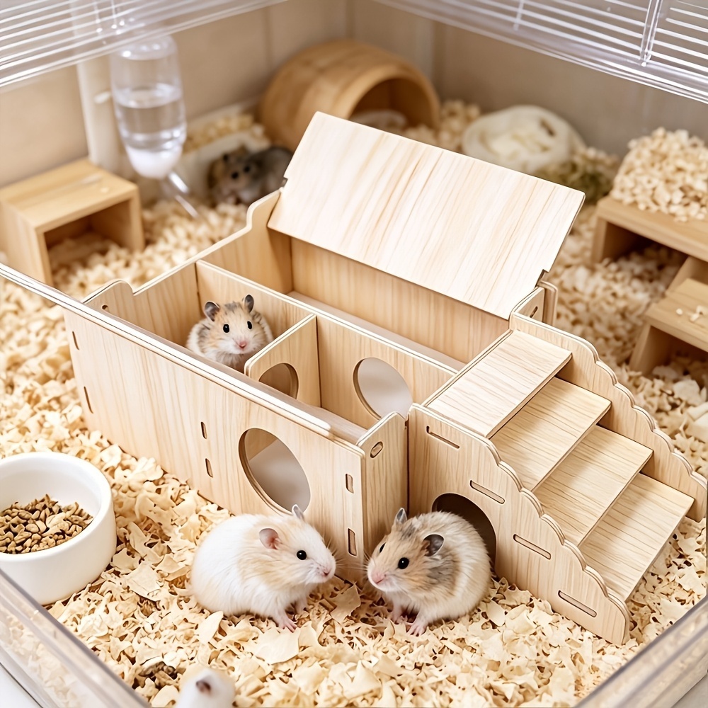 Multi-Compartment Wooden Hamster Hideout with Climbing Ladder