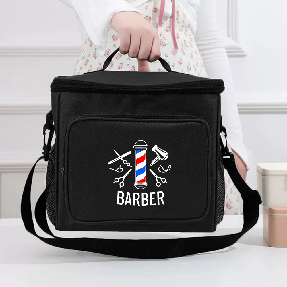 TEMU 1pc Large Capacity Barber-themed Lunch Tote Bag Suitable For , Camping, Picnics - Polyester Bento Box Carrier With Barber Pole, Coating & Zipper