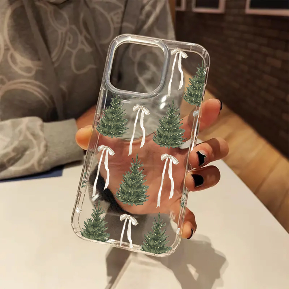 TEMU Coque de Téléphone Transparente Esthétique avec Nœud d'Arbre de Noël pour iPhone 16 11 12 13 14 15 Pro XR - Cadeaux de Noël pour Femmes