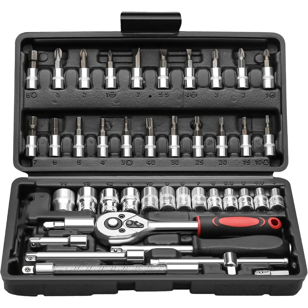 E-shop 43-tlg. Ratschen-Steckschlüssel-Set, metrisch, Verlängerungsstange, für Auto-, Fahrradreparatur Haushaltsgebrauch, plattierte Struktur,