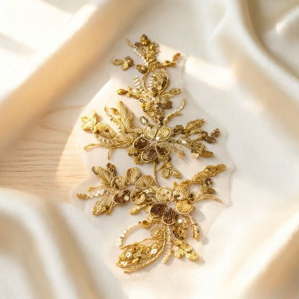 Champagne Golden Sequin Beaded Floral Embroidery Applique for Dresses