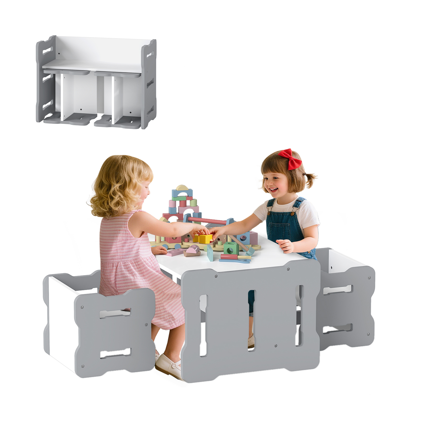 Image of Kids Table And Chair Set, 3-piese Toddler Set With 2 Stools & Activity Table, Rounded Corner, , Multifunctional Children Furniture Set