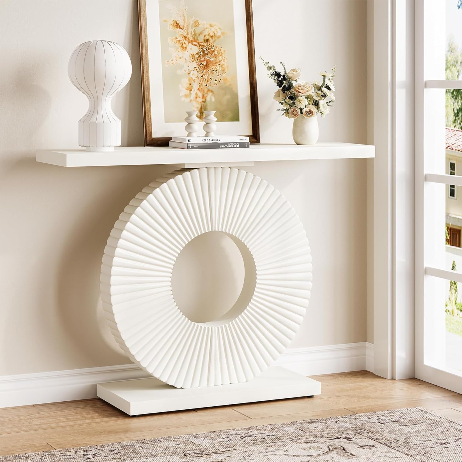 Image of 40" Console Table, Entryway Table With Geometric Base, Modern Wood Sofa Table, Narrow Accent Table For Hallway & Living Room