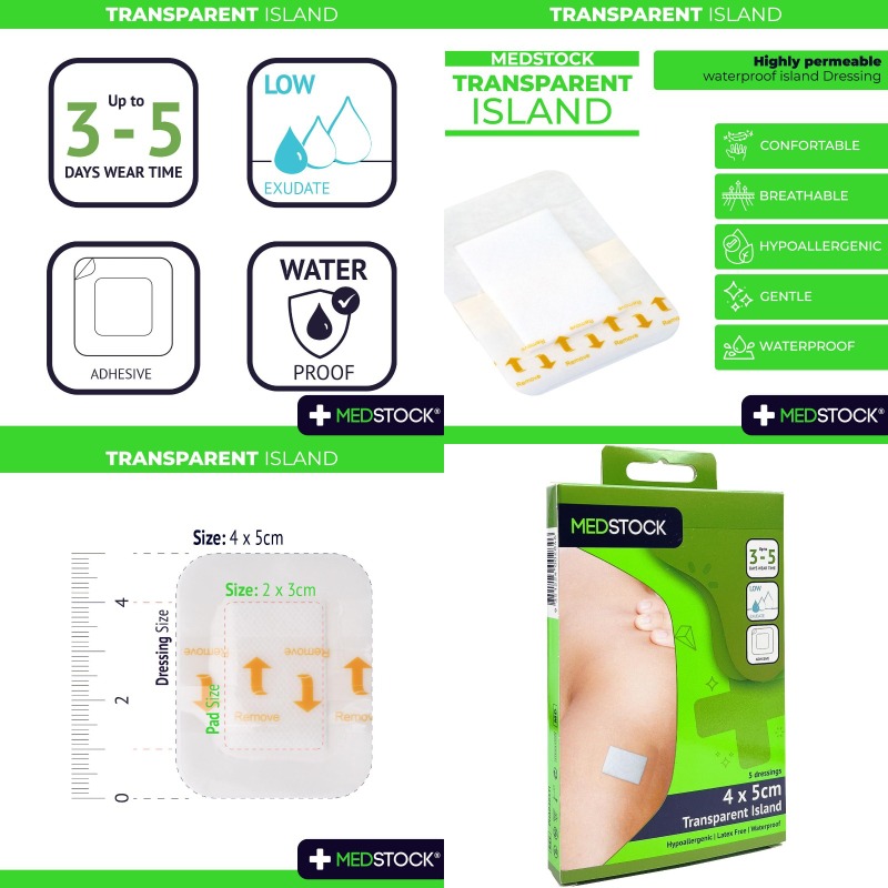 5pcs MEDSTOCK Transparent -Grade & Breathable Dressing Islands - 4cm x 5cm Individually Wrapped Adhesive Border Cover, 3-5 Day Wear Time, Low-Profile Design for to Major, Diabetic Foot Care, Lacerations, Cuts, Abrasions - Easy Application & Removal, Transparent & Comfortable for Healing, & Breathable Material