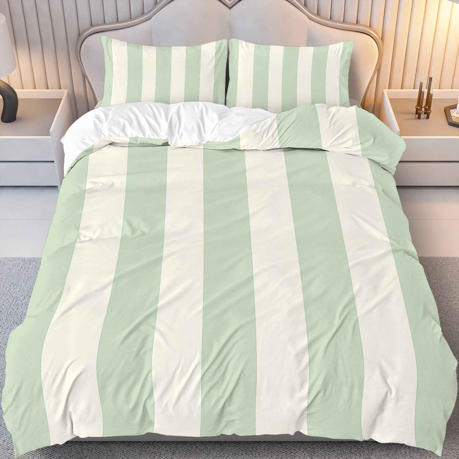 TEMU 3pcs Mint Striped Duvet Cover Set With 2 Pillowcases - Modern Minimalist Bedding, Soft Mint Green Bed Sheets With Vertical Stripes, Zipper