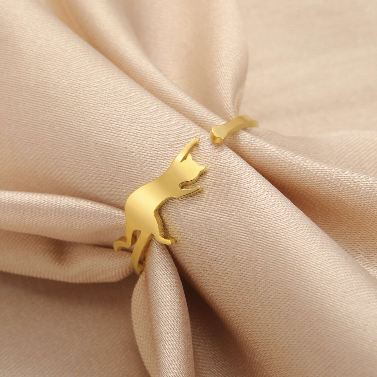 Cat Design Adjustable Stainless Steel Ring, Casual Style