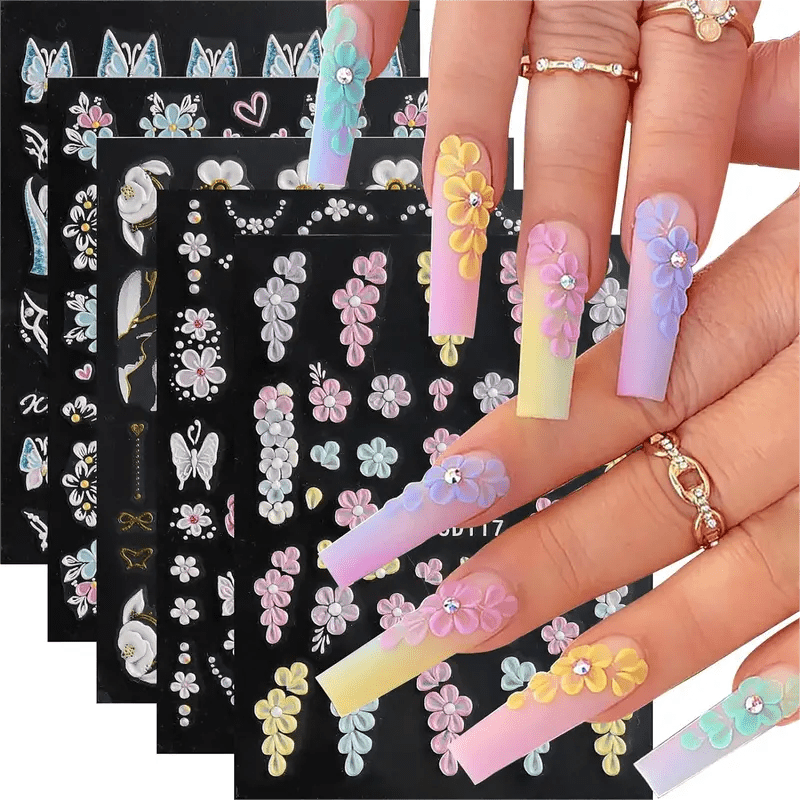 

5pcs 5d Floral Nail Stickers For Spring And Summer Nail Art Design, Self-adhesive Nail Supplies, White, Yellow, Blue, Floral Nail Stickers For Women And Girls, Nail Decoration