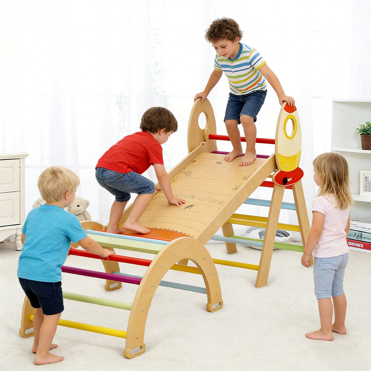 8in 1 Pikler Triangle Climbing Set Foldable Indoor Jungle Gyms for Toddlers Baby Indoor Playards Jungle Gym with Oval-shaped Crossbar Design Wooden Climbing Set for Toddler to Inspire Children's Exploration