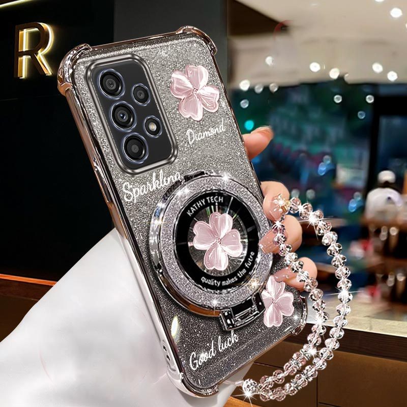 TEMU Phone Case: Luxury Clover Wrist Strap Magnetic Glitter Phone Holder Case On For Galaxy A13 Galaxya13 4g Anti-knock Shock Proof Stand Back Cover