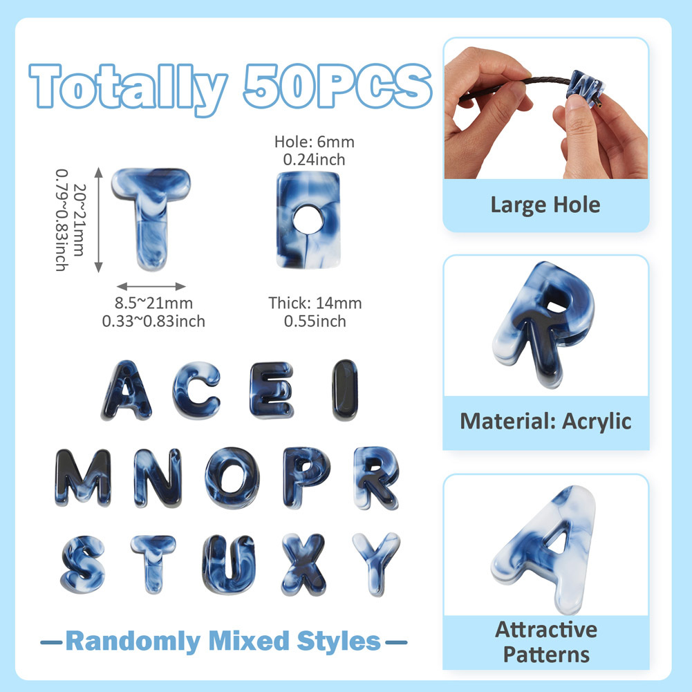 TEMU 50pcs Perles Acryliques Style Européen, Perles à Grand Trou, de Lettres Mélangés Aléatoirement, Taille 20~21X8.5~21X14Mm, Convient pour la