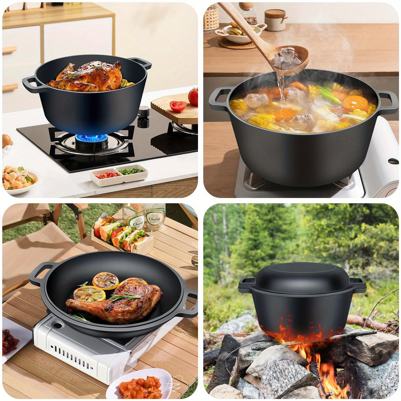 1pc cast   with lid set 2 in 1 multi functional cookware for baking and frying   kitchen and camping cookware black details 2