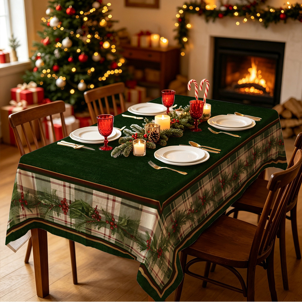 TEMU 1pc, Christmas Tablecloth, Berry Pattern, Christmas New Year Holiday Table Decoration, Square And Rectangular Tablecloths, Suitable For Home