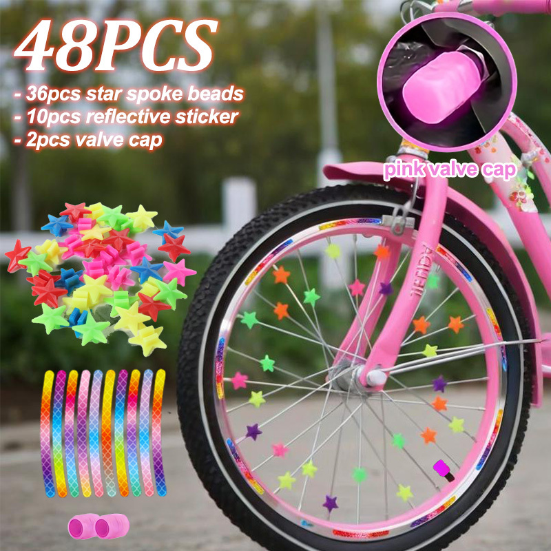 TEMU 48pcs Bike Wheel Decorations -the- Bike With Spoke Star Beads & Glow Valve Caps Suitable For Div Style Customization, Fit For, Mountain, Cycling