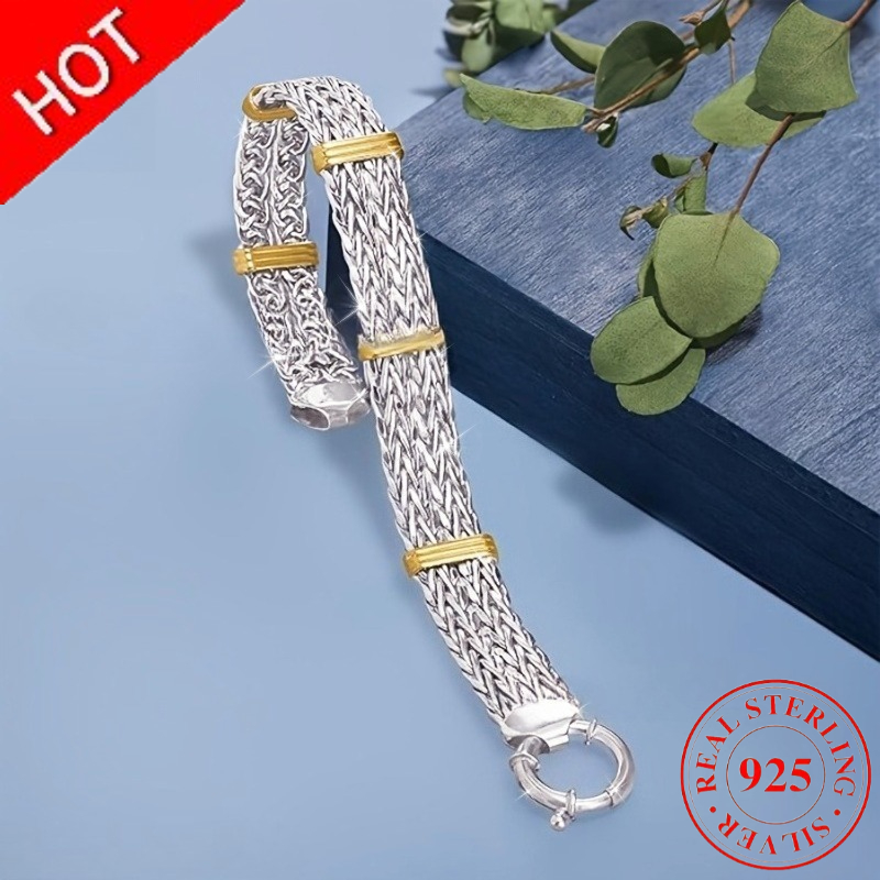 TEMU 925 Silver Two-color Wheat Chain Women's Bracelet, High-quality Designer Jewelry, Suitable For Anniversaries, Valentine's Day, Christmas, And