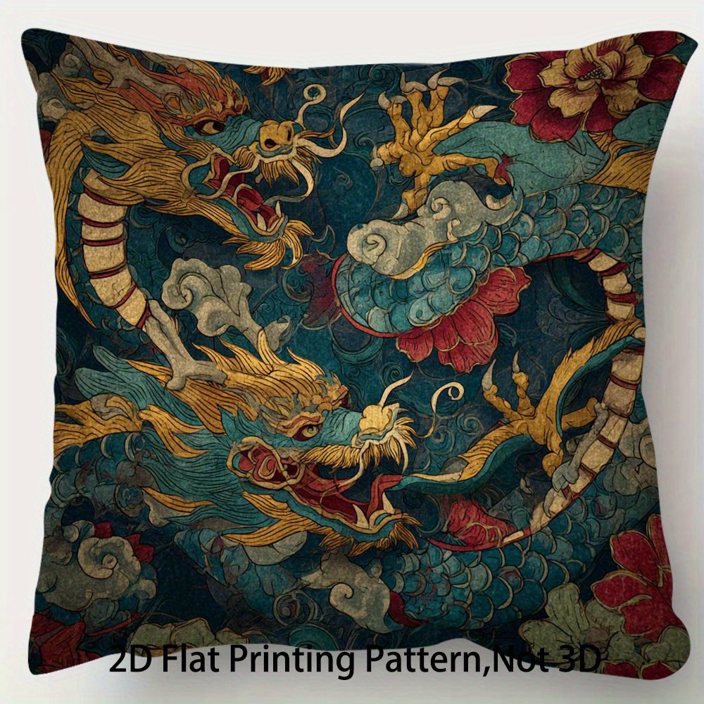 TEMU 1 Housse de coussin, Motif imprimé dragon volant style vintage, Tissu peluche court et lisse, Impression simple face, 17.7X17.7 pouces, Parfait