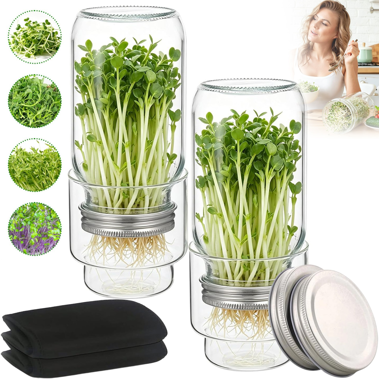 Image of 2pcs Seed Germination Set Contains 2pcs Glass Sprouting Jars, 2pcs Blackout Covers For Alfalfa Broccoli Sprout Cultivation
