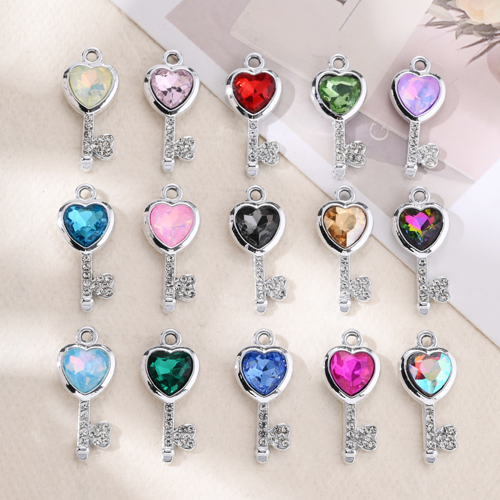 TEMU 30pcs Silvery Love Key Shape Charm Alloy Metal Pendant Sweet Inlaid Ab Colorful Cut Face Heart-shaped Crystal Alloy Pendant For Fashion Jewelry