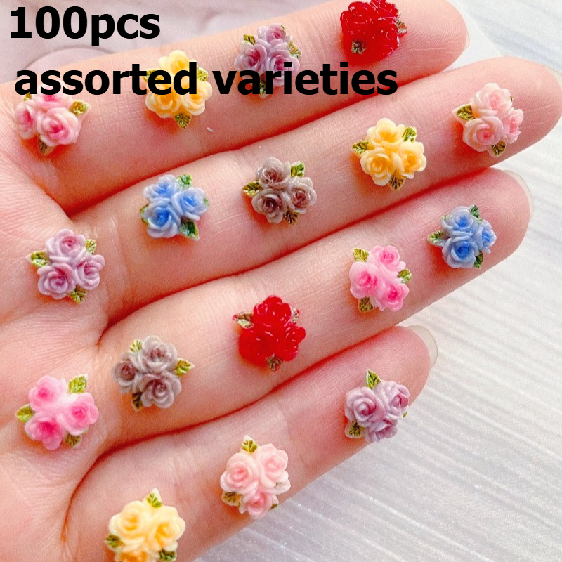 E-shop 100 Stk. gemischte Harz-Mini-Statuen von bunten dreilappigen Rosen mit flacher Rückseite, Schafsauge-Nagel - für Nagelkunst, (Farbe zufällig)