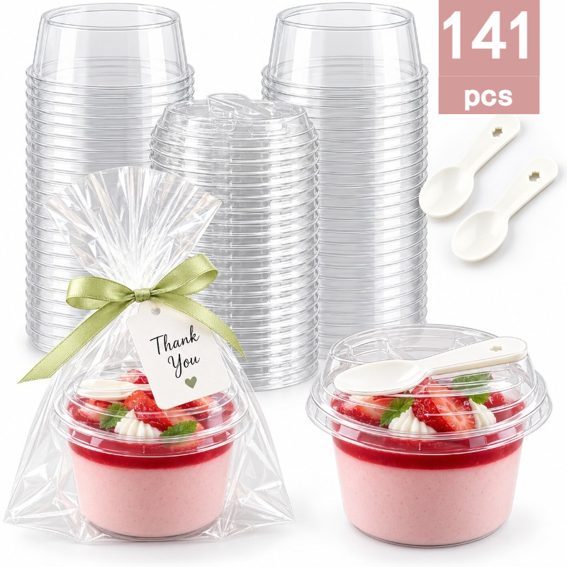 141pcs Mini Round Pudding Cups Set with Lids and Spoons