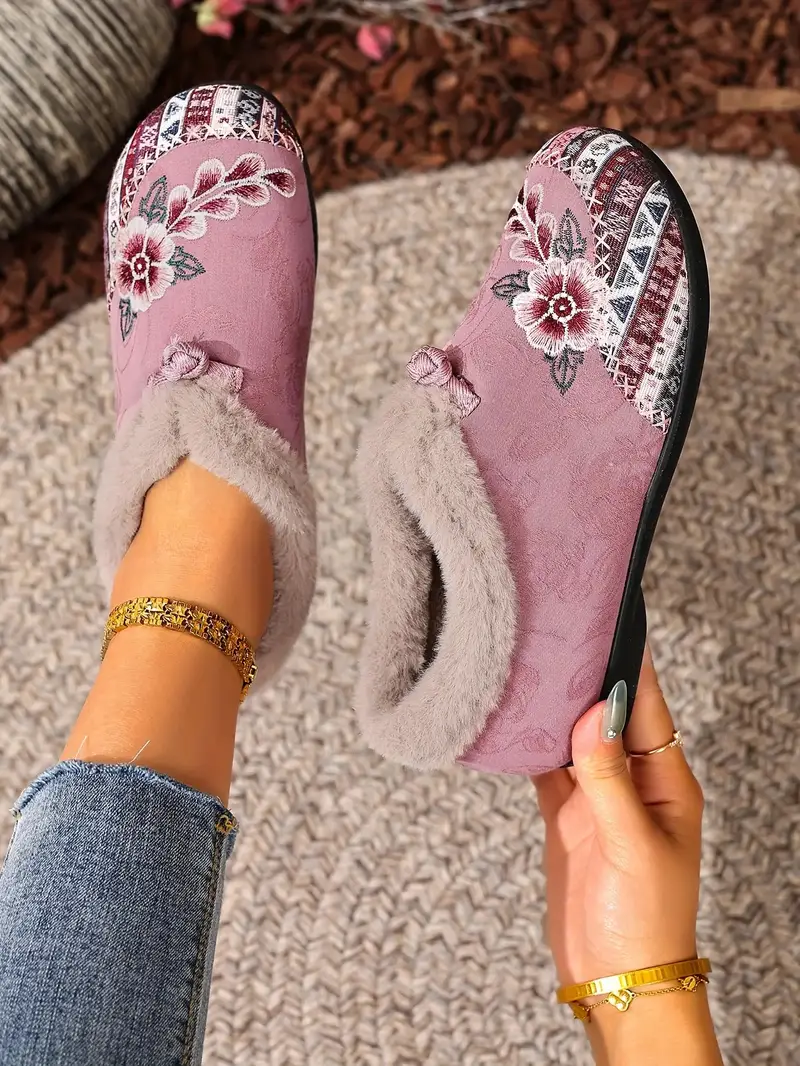 womens korean inspired winter ankle boots slip on short boots with pink white floral pattern anti slip pvc sole plush lightweight warm casual for jeans dresses casual attire hand Product details 2