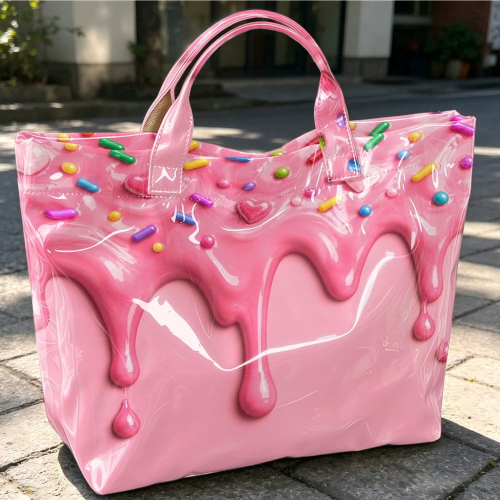 Sweet Handle Bag, Solid 2d Sprinkle Heart Donut Glaze Print Glossy Handheld Purse, Cute Dessert Carry Bag For Weekend Holiday Casual Trips