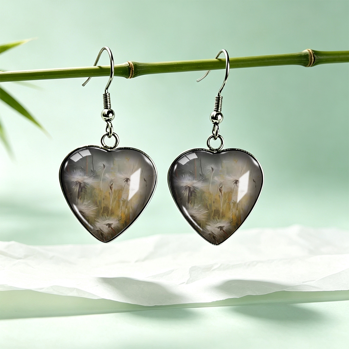 Hazy Mist-Like Dandelion Grass Heart-Shaped Earrings