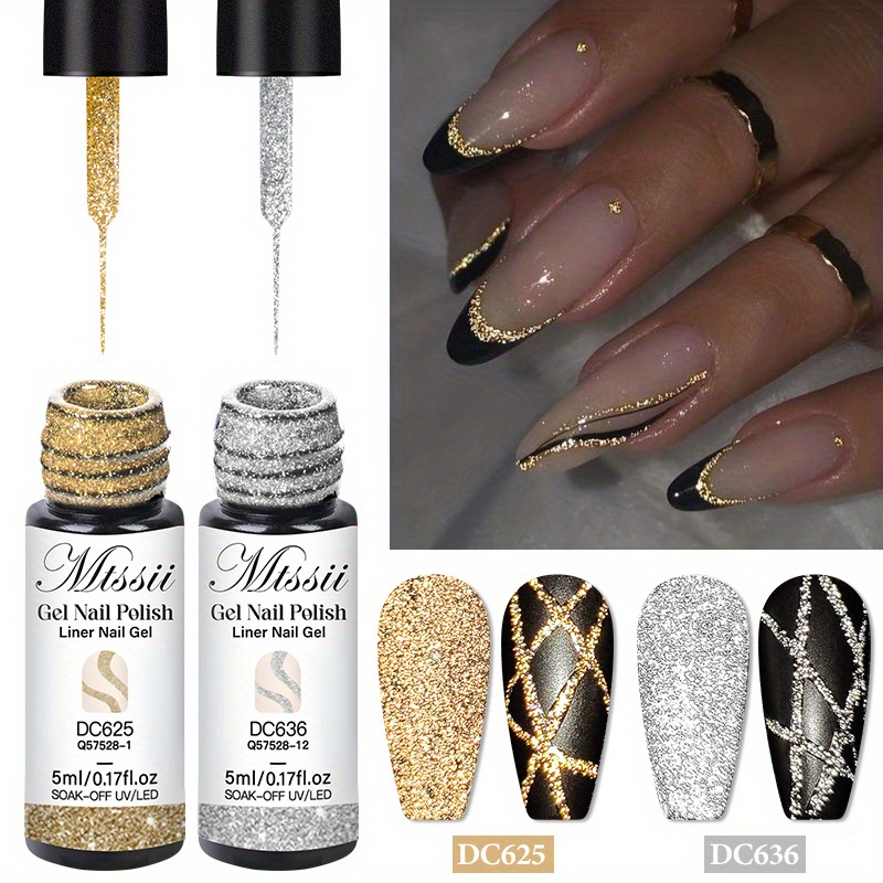Image of 2pcs/set Reflective Glitter Liner Gel Nail Polish, Goden And Silvery Color Gel Drawing Varnish, Bright Sparkling French Semi Permanent Painting Gel Nail Art