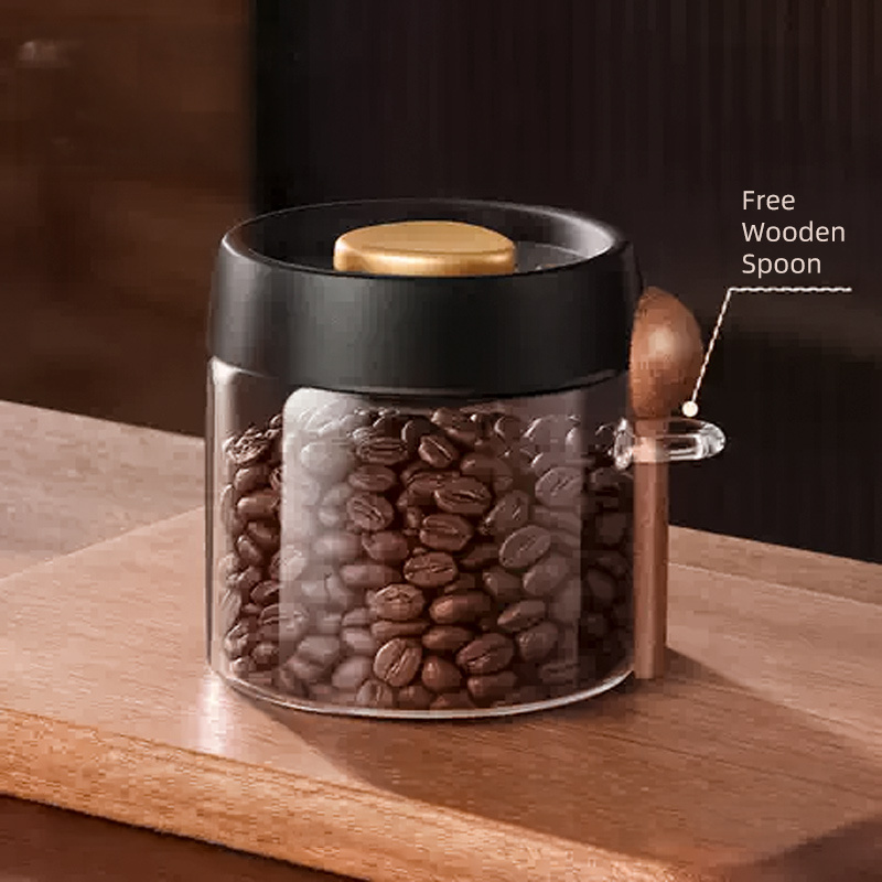 TEMU 500/800/1200ml - High Quality Borosilicate Glass Vacuum Jar Includes Wooden Scoop - For Coffee Beans And Kitchen Storage Clear & Durable -