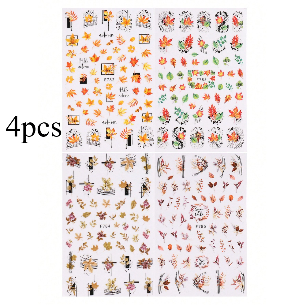 TEMU 4 Sheets 3d Autumn Nail Stickers Watercolor Maple Leaf Self-adhesive Nail Decals With Leaves Designs Thanksgiving Seasonal Manicure Decor For