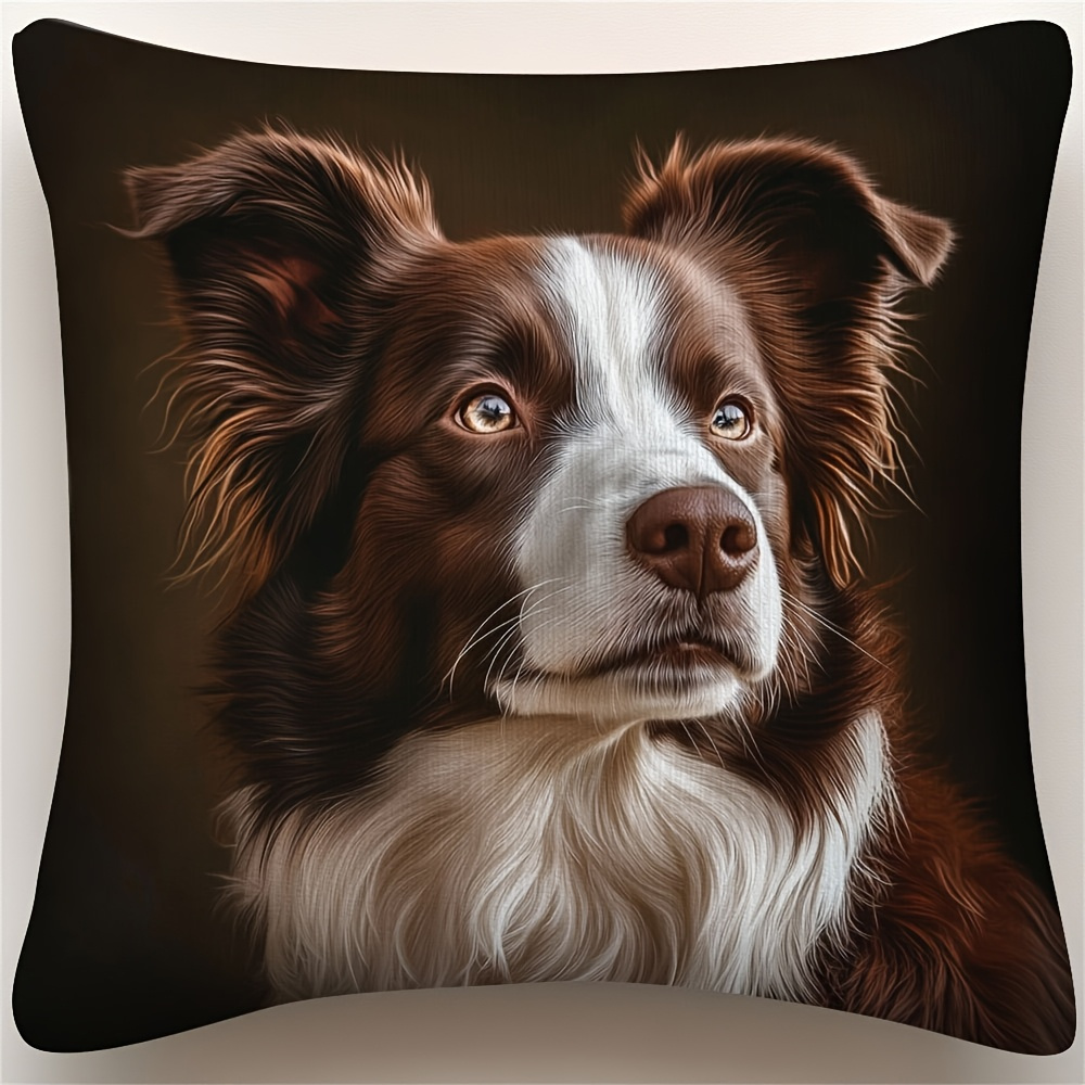 TEMU 1pc Brown Border Collie Pillowcase, Double-sided Printed, Machine Washable, Zipper Closure, Christmas, New Year And Festival Decoration, Cushion