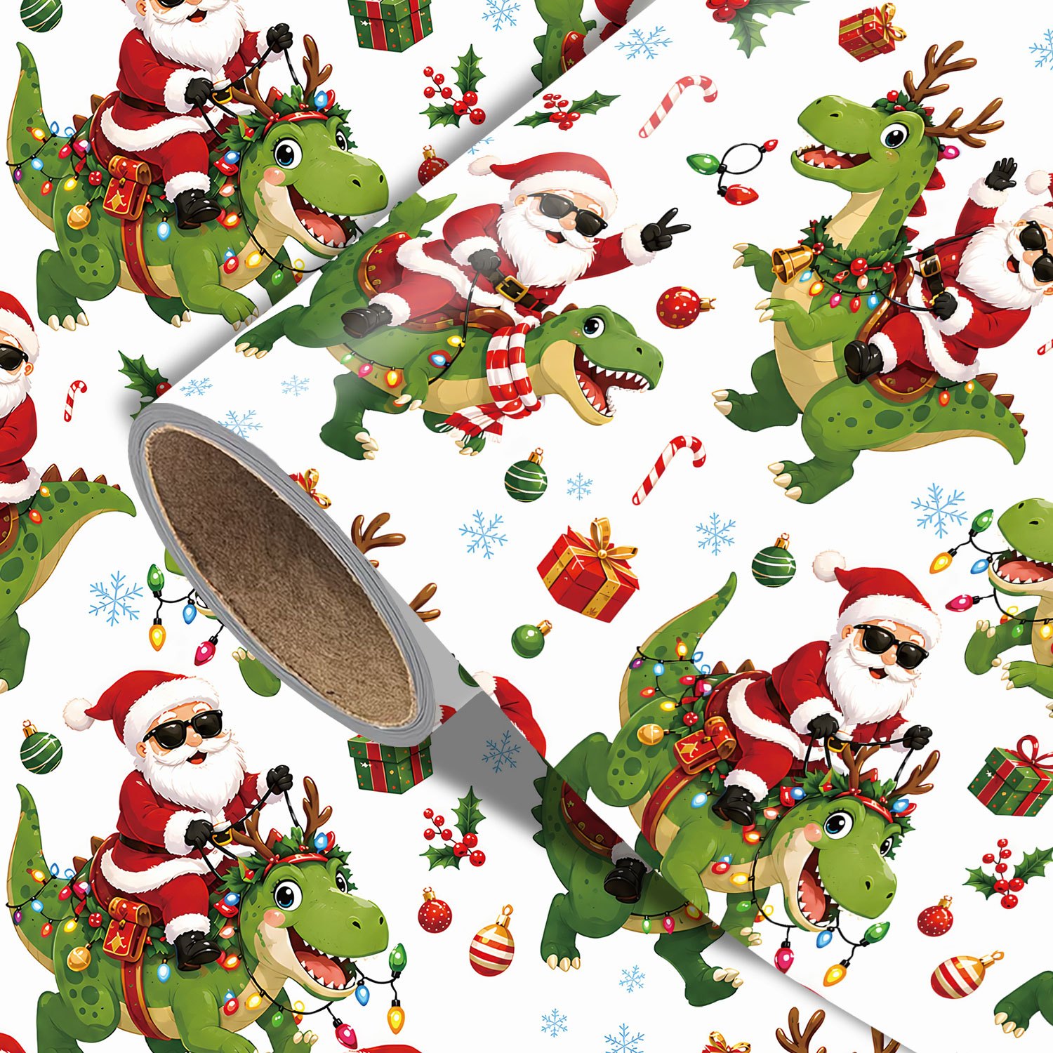 TEMU Roll Christmas Dinosaur Wrapping Paper Suitable For Xmas Gifts, Birthday Party Decorations - Single-sided Print With Santa Riding Dinosaurs,