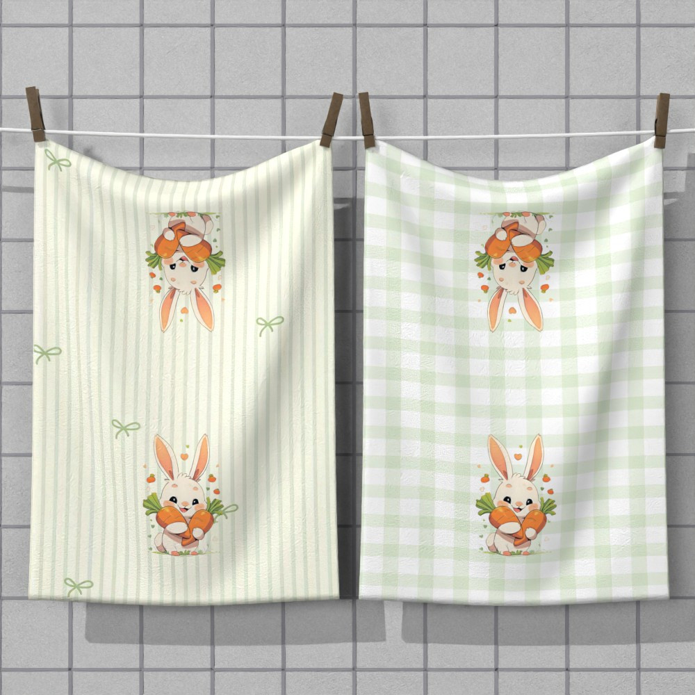 2pcs high-quality rabbit & carrot tea towels, 45.72x66.04cm - soft,   polyester,   absorbent & machine washable,   with vibrant colors, ideal for kitchen & bathroom decor,   gift idea details 0