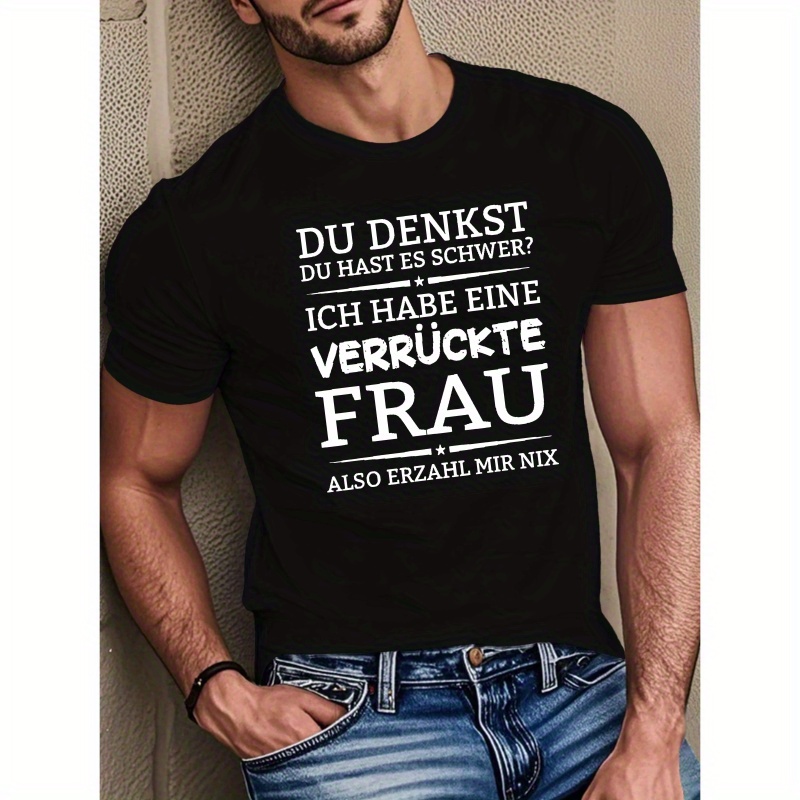 

Humorous German Quote Men's Royal Blue T-shirt - Casual Short Sleeve, 100% Polyester, Summer Top With Round Neck And Geometric Pattern, Machine Washable