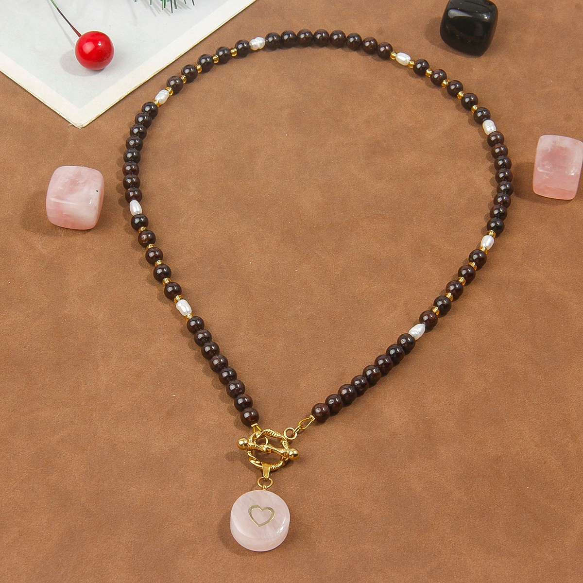 Pink Round Pendant Necklace with Garnet