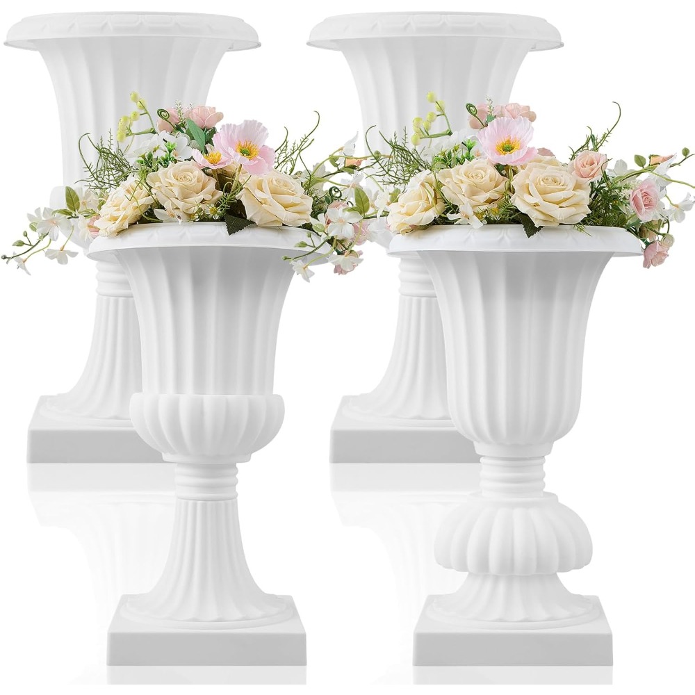 E-shop 4er-Set große Urnen-Pflanzkübel aus Kunststoff, weiße Sockel-Blumentöpfe, Pflanzenständer für Hochzeit, Party, Event, Zuhause, Garten,